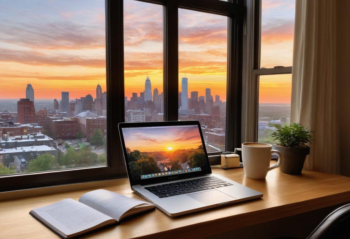 A cozy workspace with a laptop open to a blog editor displaying an outline titled 'Essential NJ Blogging Tips'. Surrounding the workspace are legal books, a cup of coffee, and a notepad filled with community insights. In the background, a window shows a glimpse of a New Jersey skyline at sunset, creating an inviting atmosphere. super-realistic. warm colors. 3D.