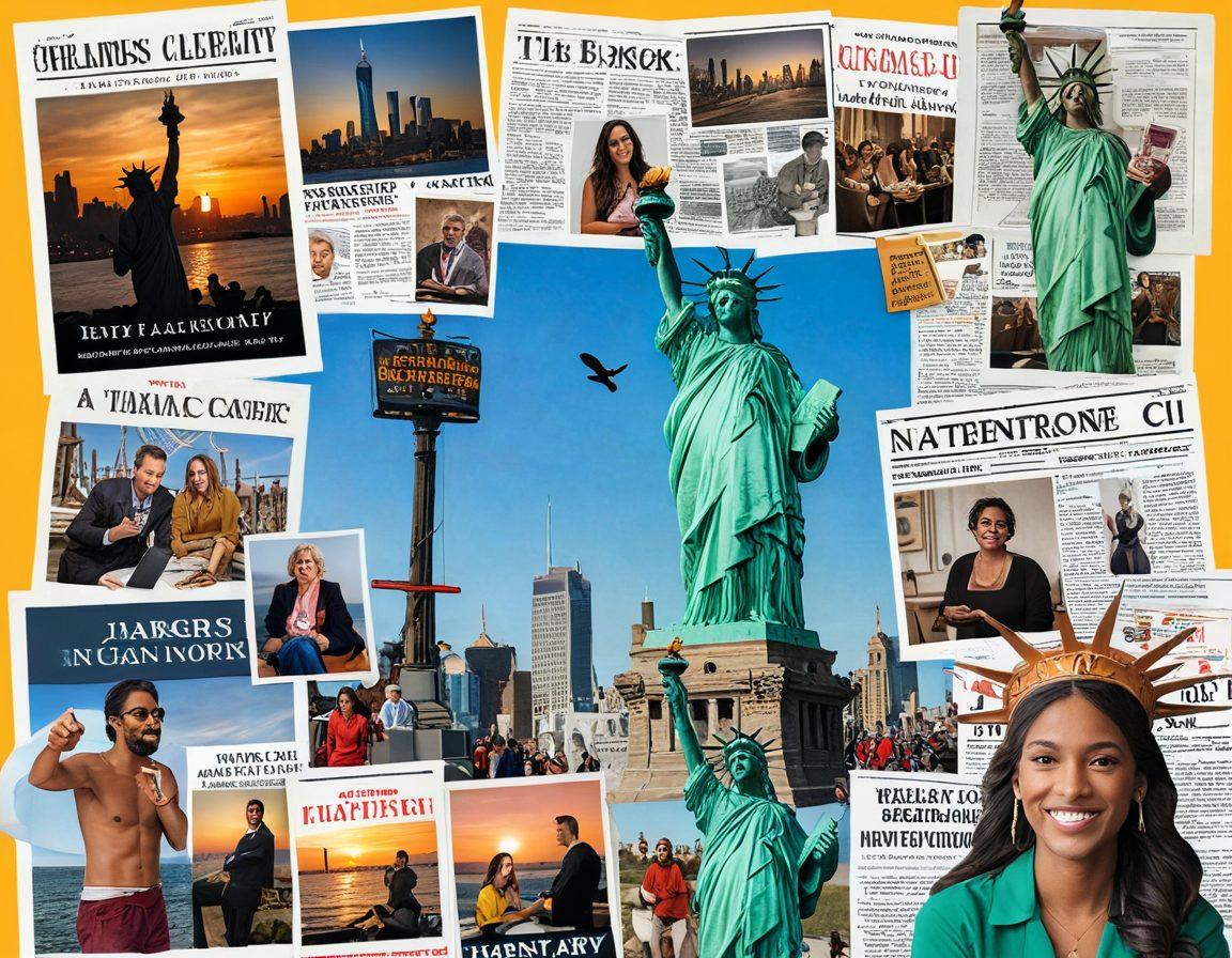 A collage of iconic New Jersey landmarks, such as the Statue of Liberty and Atlantic City signage, alongside a diverse group of bloggers engaged in lively discussions. Include imagery of newspapers and digital devices displaying NJ local news. The background features the New Jersey state outline with a vibrant sunset. super-realistic. vibrant colors. dynamic composition.