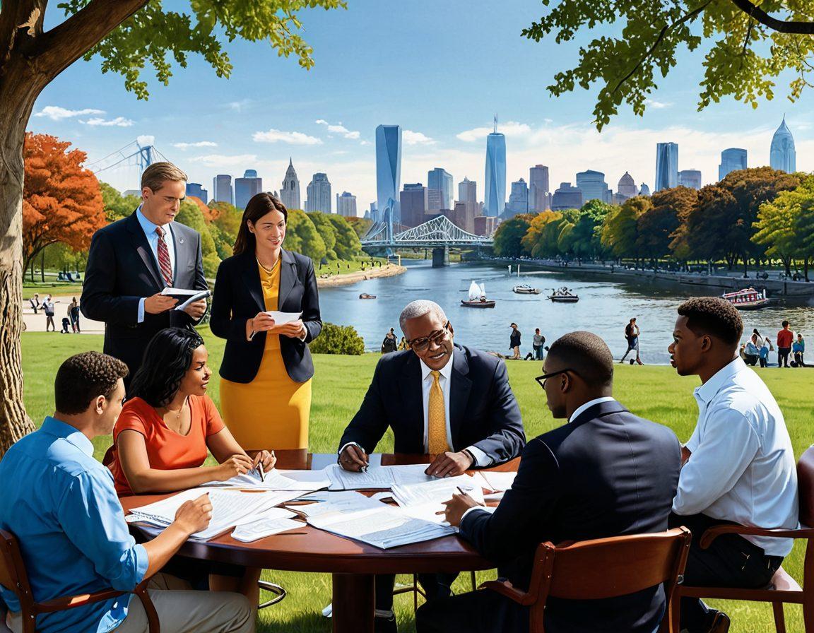 A detailed illustration of a diverse group of people discussing legal documents in a scenic New Jersey park, with iconic state landmarks in the background. Include symbols of law like scales, gavel, and books scattered around, creating a sense of community and learning. The setting should evoke a welcoming atmosphere while highlighting the importance of legal knowledge. vibrant colors. super-realistic.